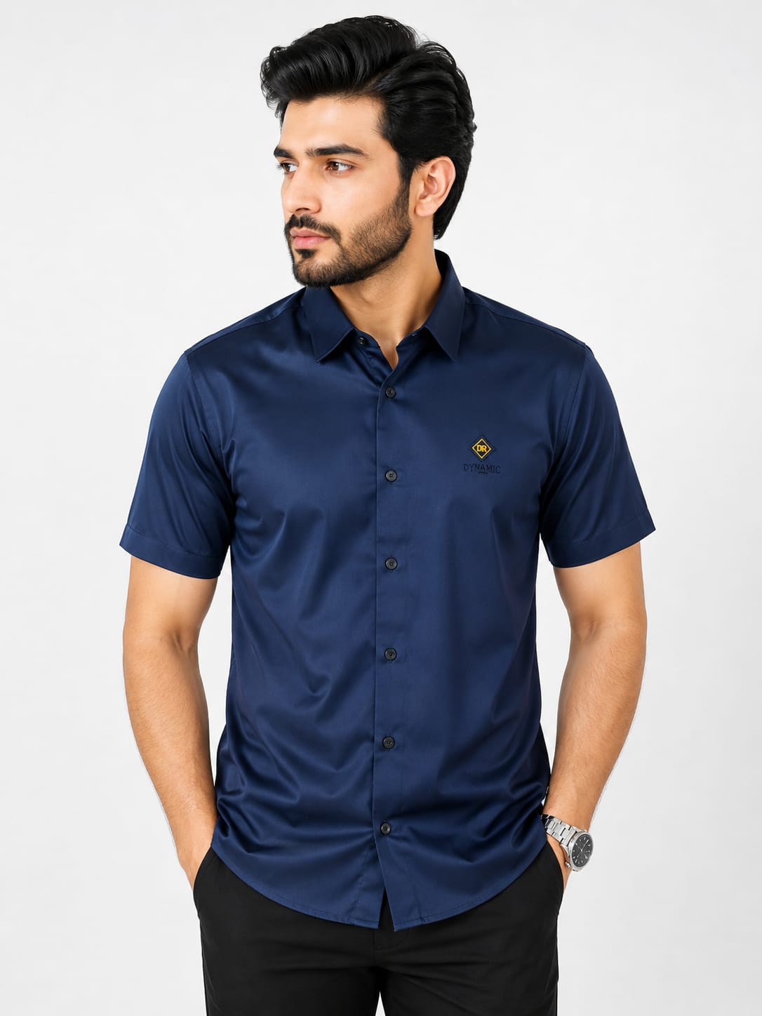 Gent's Silk Collared Dress Shirt Color[DARK NAVY BLUE]
